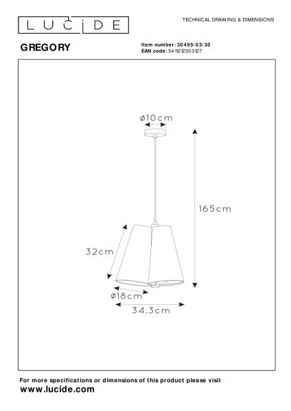 Lucide GREGORY - Suspension - Ø 34,3 cm - 3xE27 - Noir - TECHNISCH